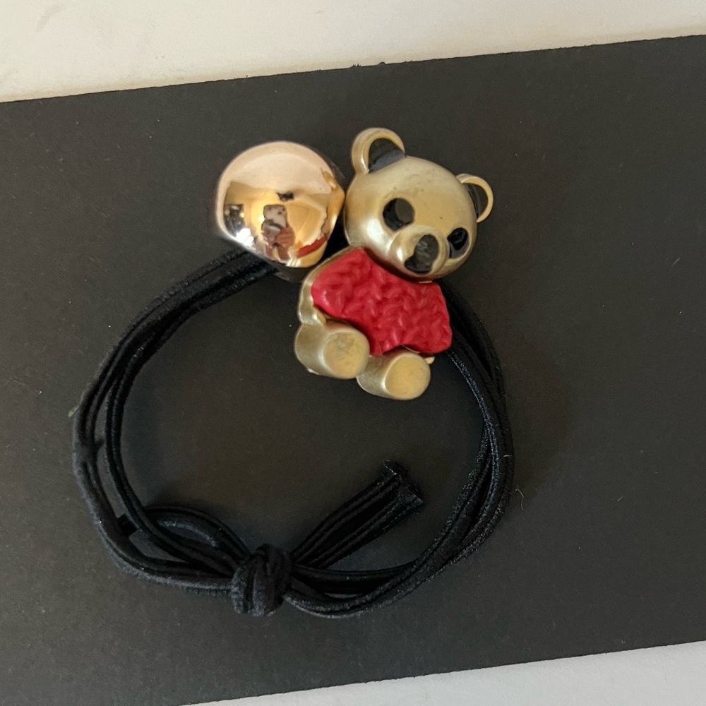 Ponytail Hair Tie Teddy Bear And Ball With Black Mesh Gift Bag